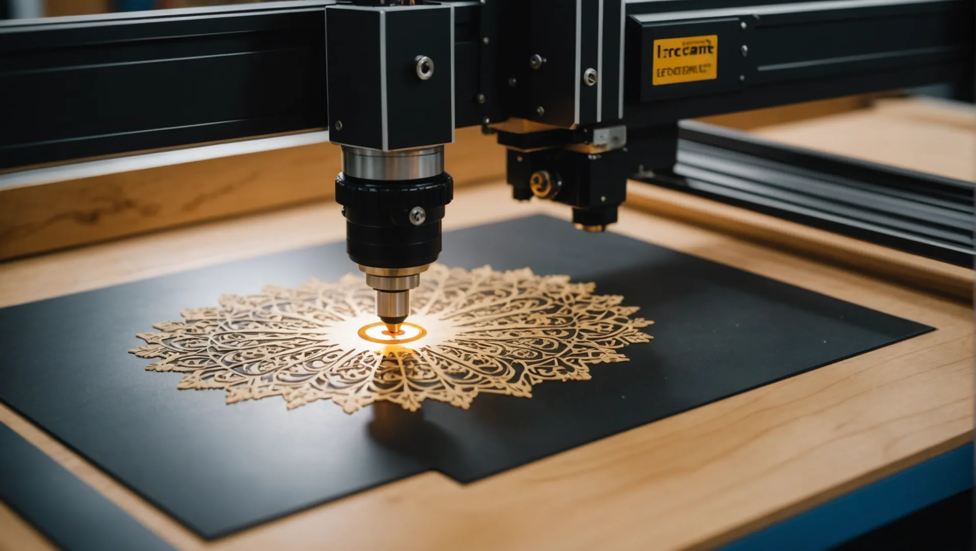 Laser cutter in action cutting and engraving wood