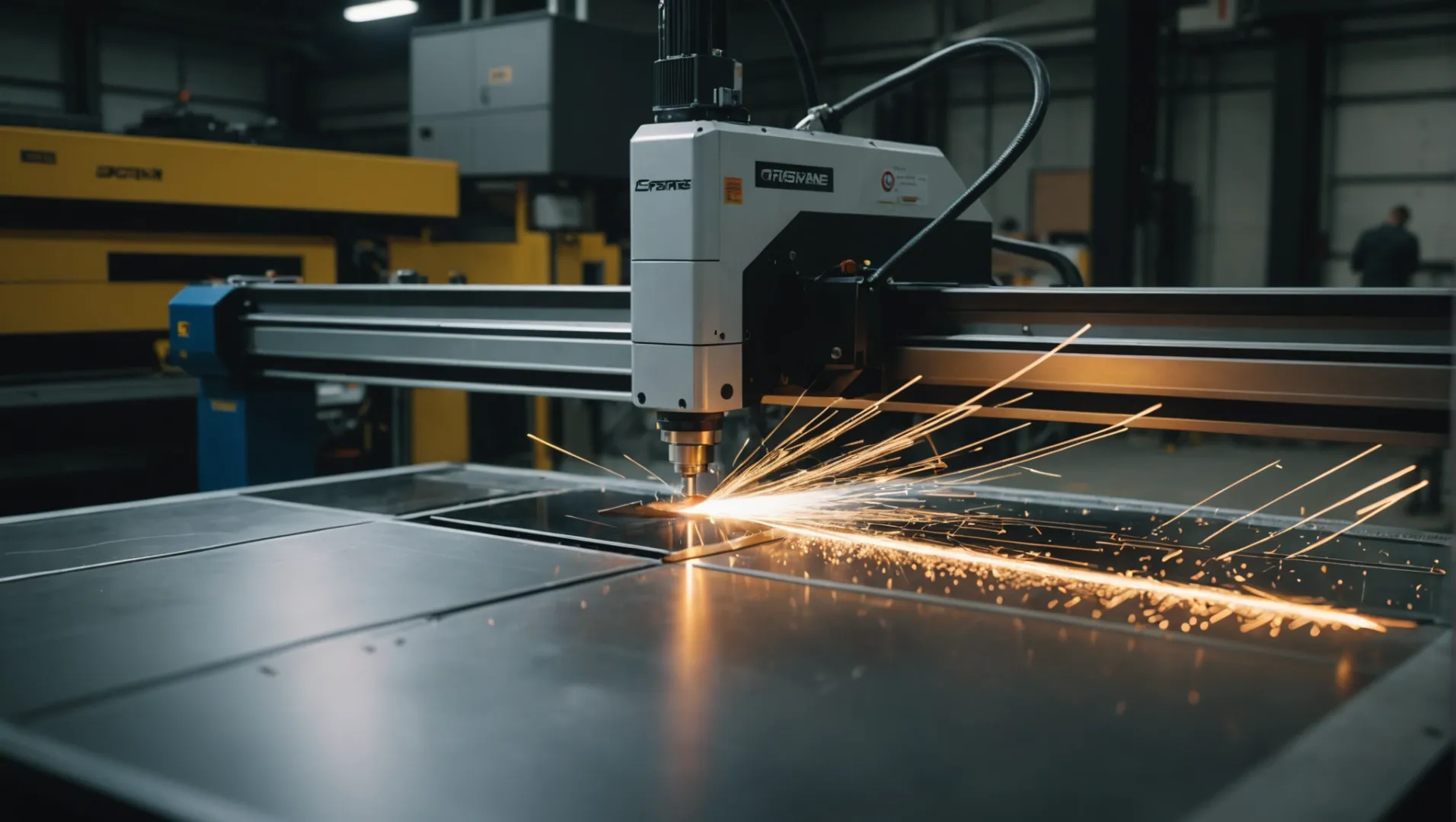 A laser cutter operating on a sheet of metal with visible sparks