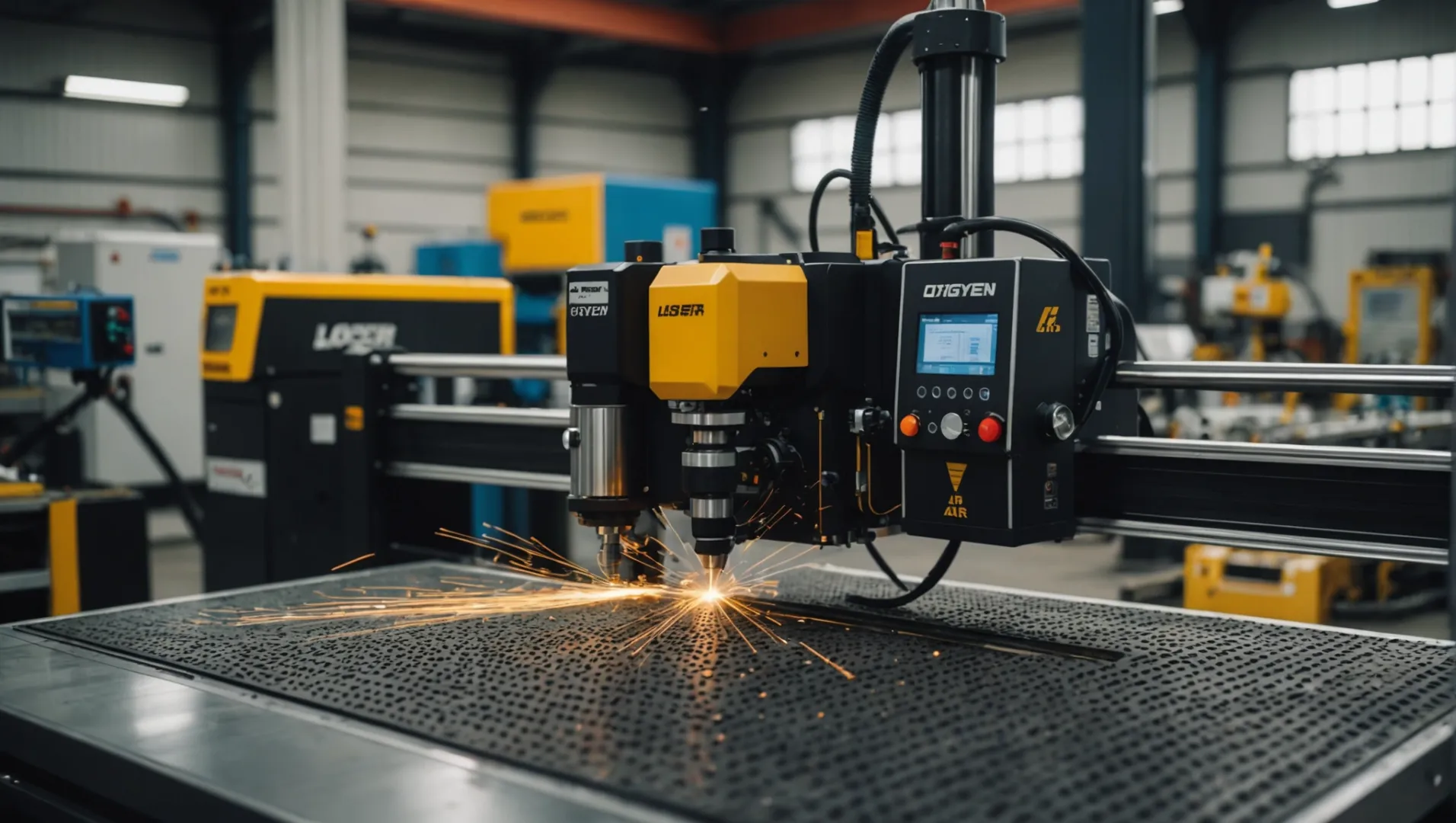 Laser cutting machine with gas cylinders for different gases.