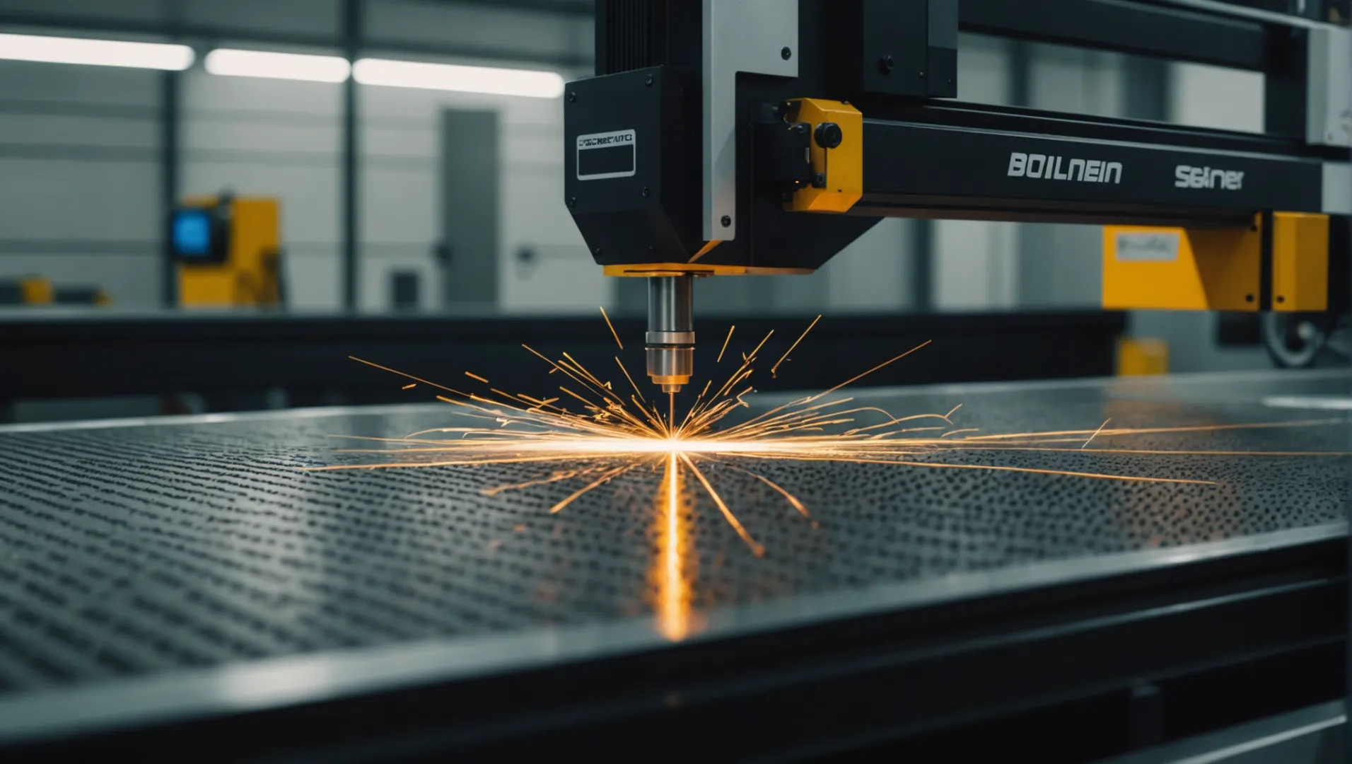 Laser cutting machine in operation with sparks flying