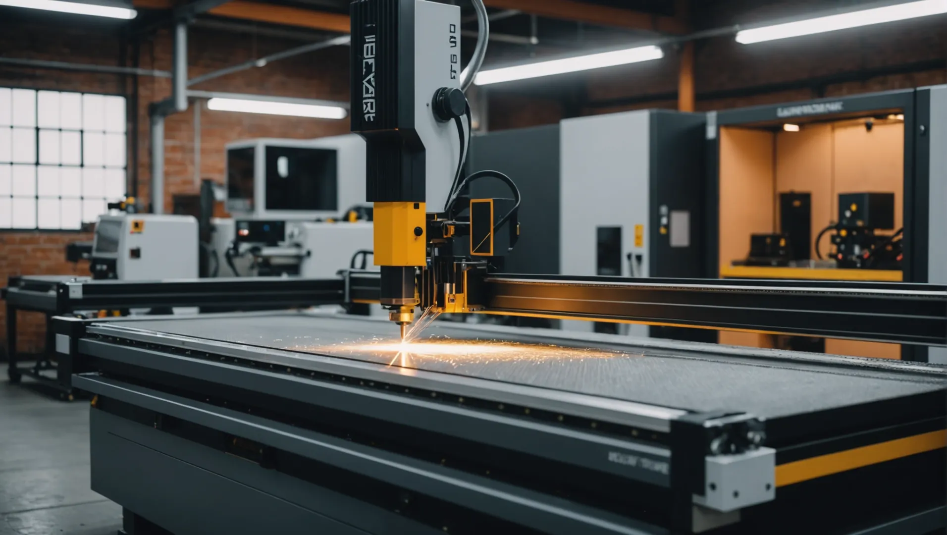 A variety of laser cutting machines in a workshop setting, showcasing different types of lasers for various materials.