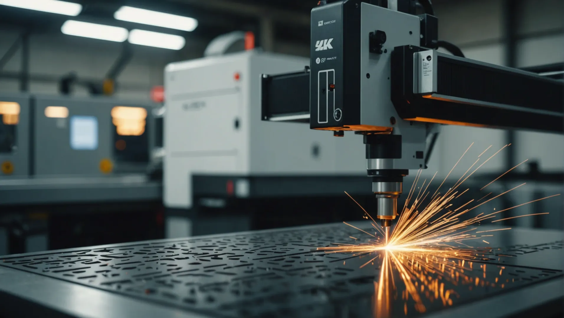 Laser cutting machine with a beam cutting through metal
