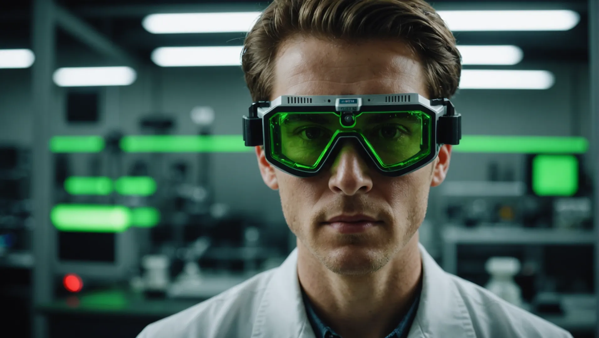 Person wearing laser safety goggles with a laser beam in the background