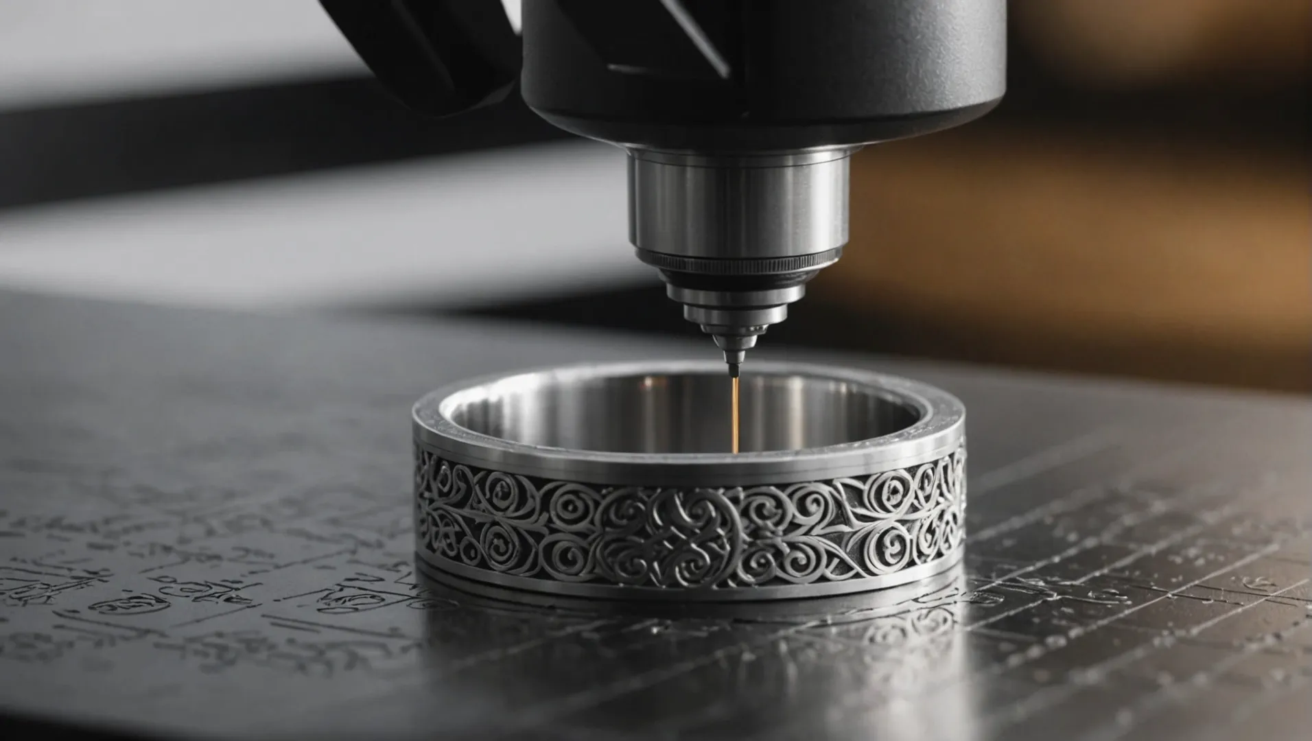Laser marking on a silver ring with intricate design