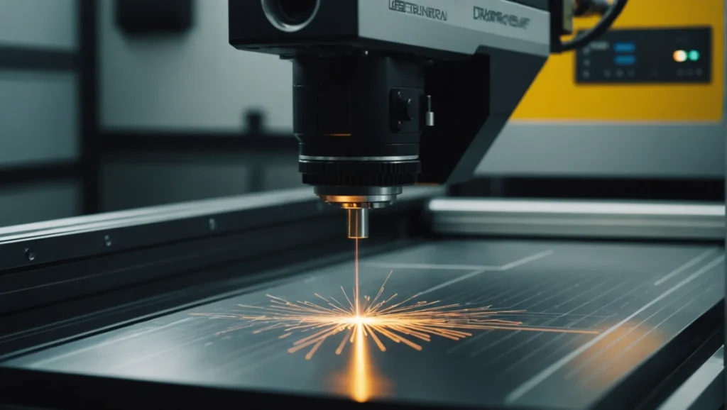 Close-up of a laser machine performing marking and engraving on metal.