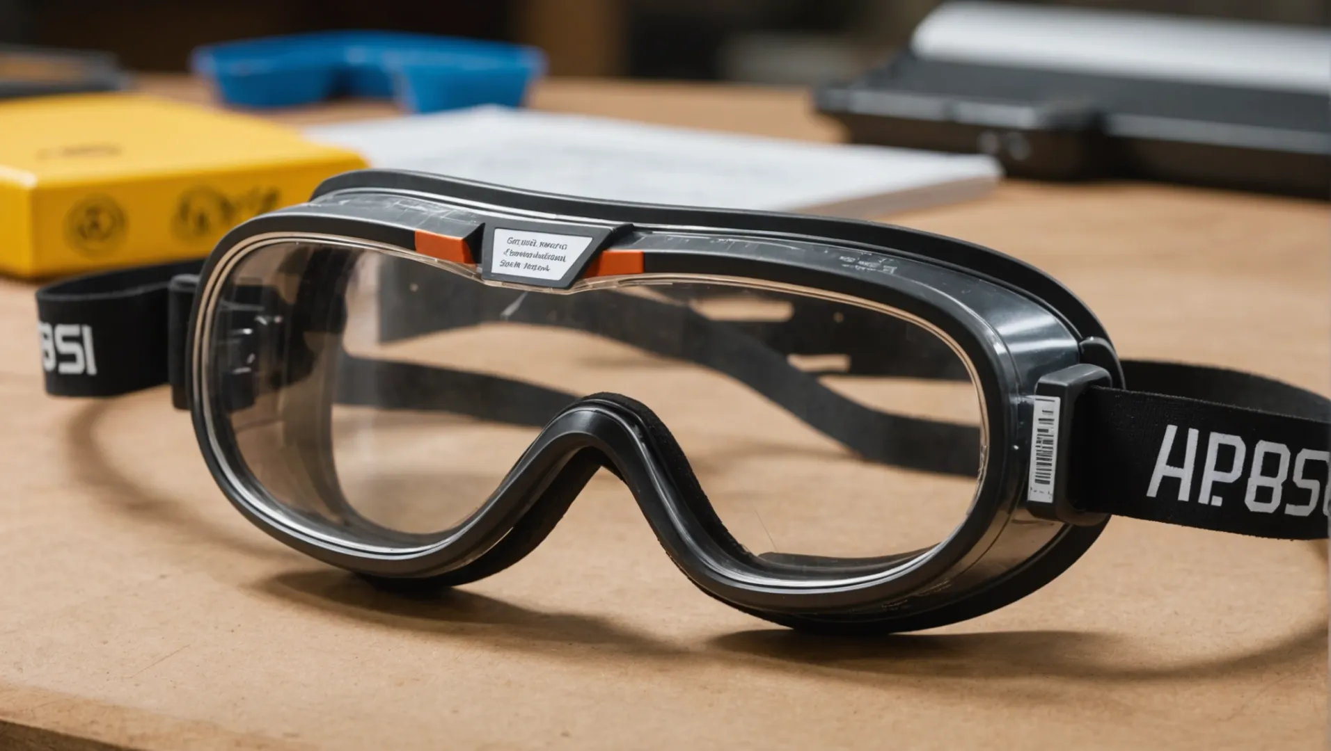 Laser safety goggles on a workbench with ANSI and EN 207 certification labels visible