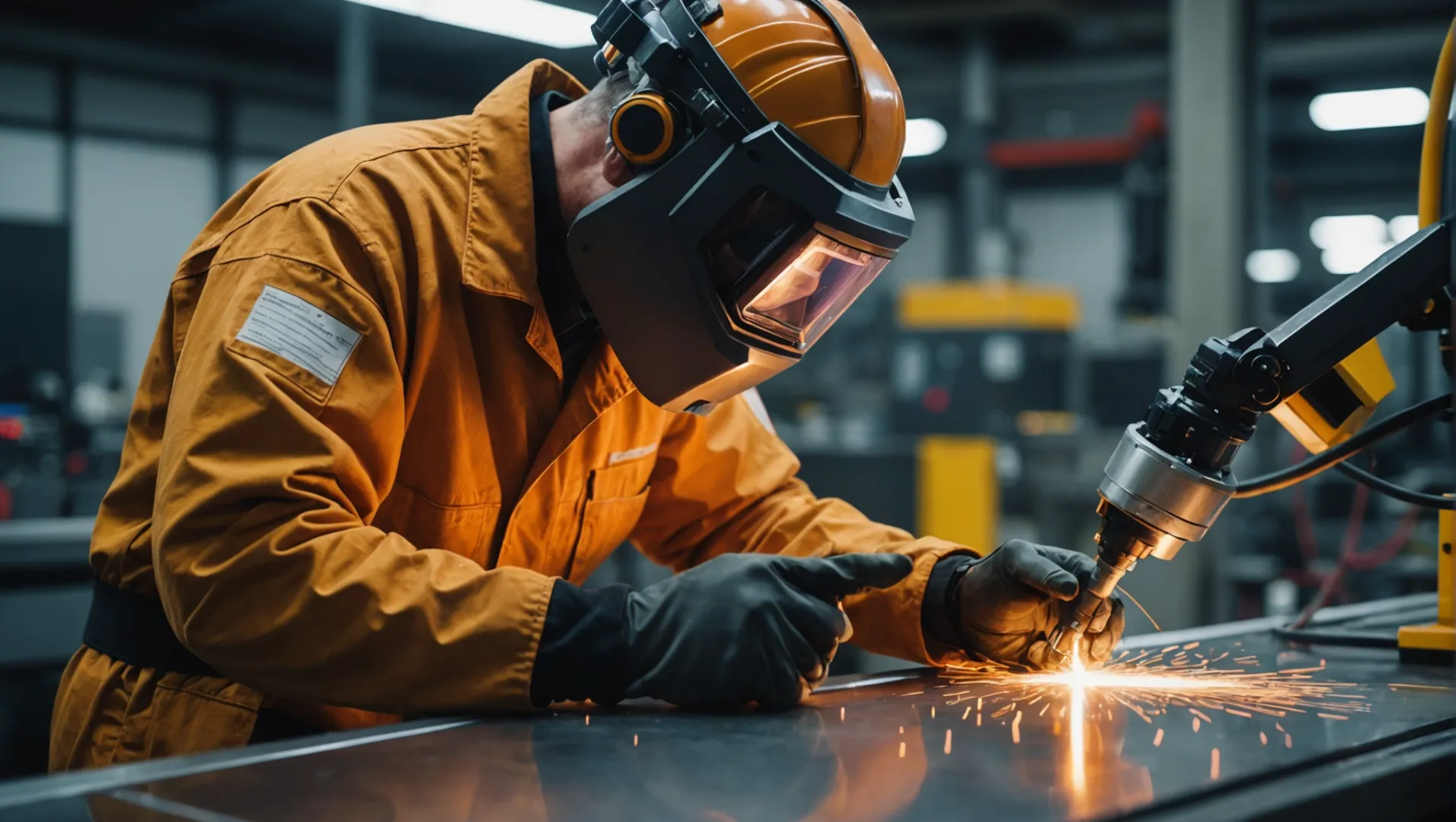 Technician in protective gear performing laser welding with safety equipment