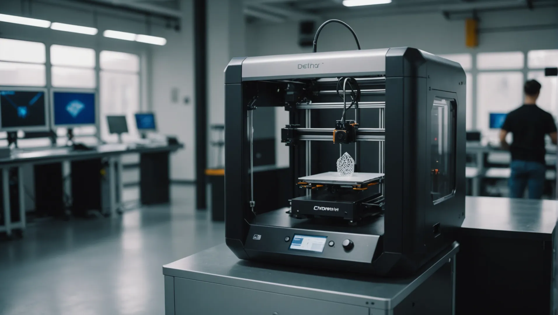 A modern 3D printer creating a complex multi-material object