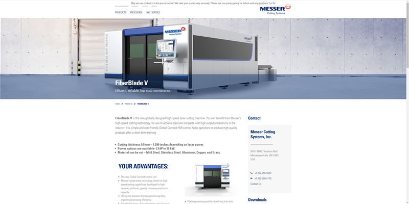 Screenshot of Messer Cutting Systems homepage featuring their FiberBlade V laser cutting machine