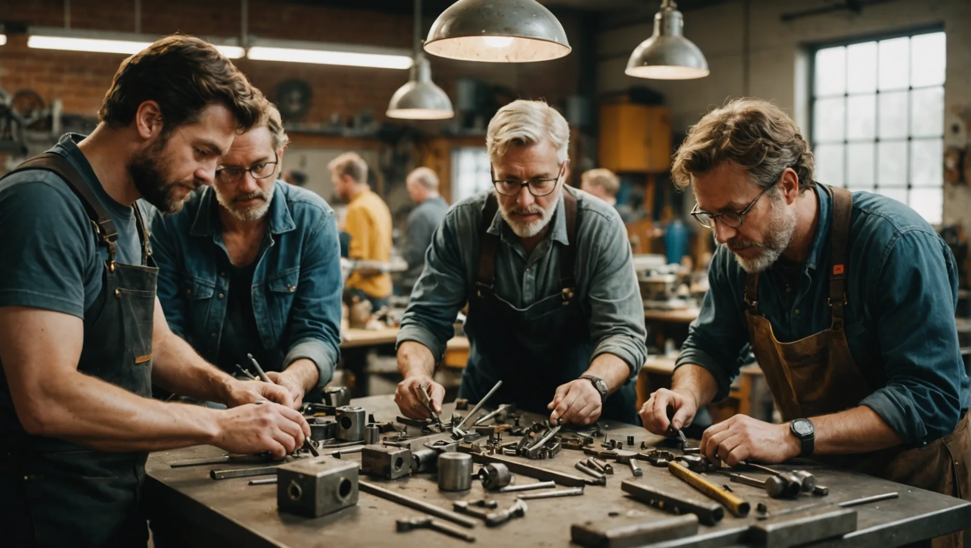 A group of diverse individuals gathered around a metalworking workshop table, discussing techniques and sharing ideas.