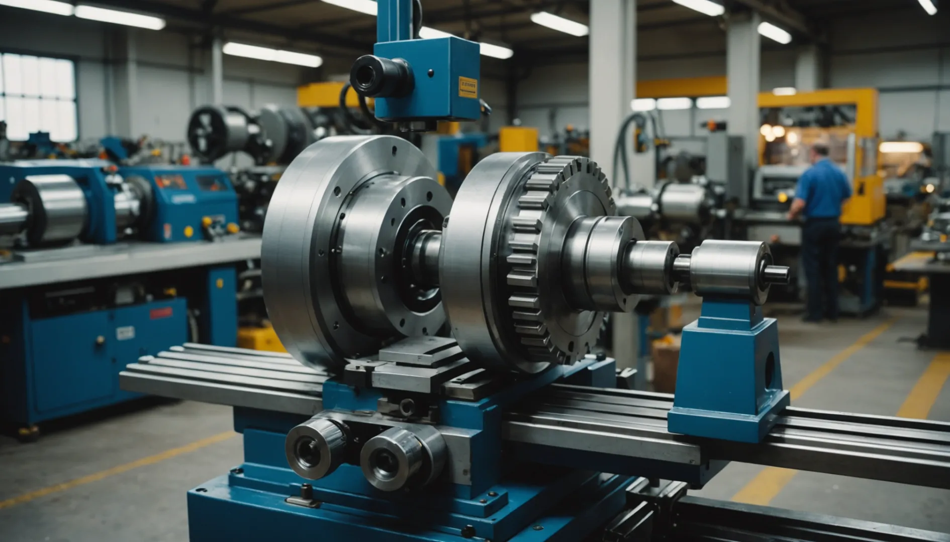 A modern CNC lathe cutting metal in a busy workshop