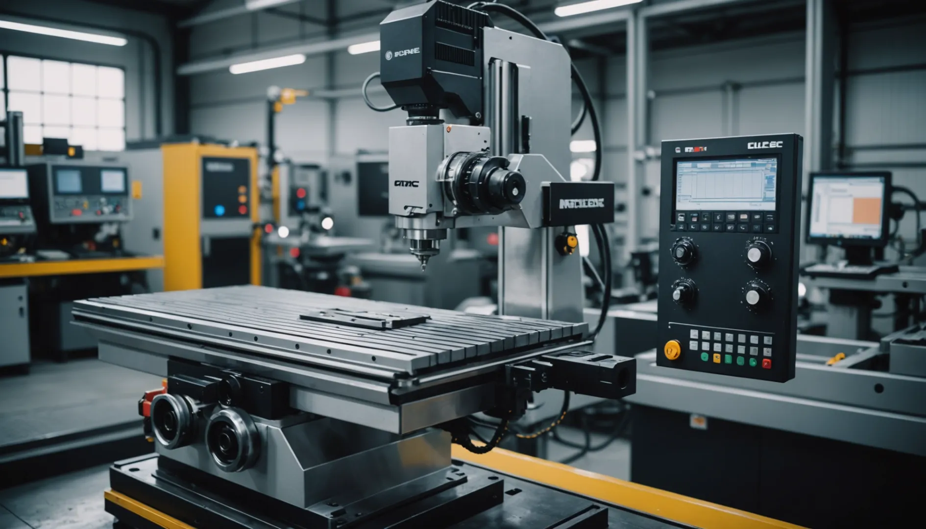 A modern CNC milling machine in a workshop with laser measurement system