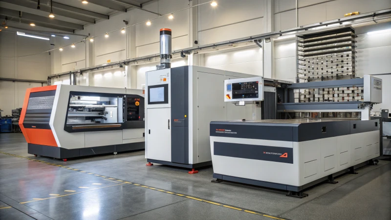 Three fiber laser cutting machines in a modern industrial workshop