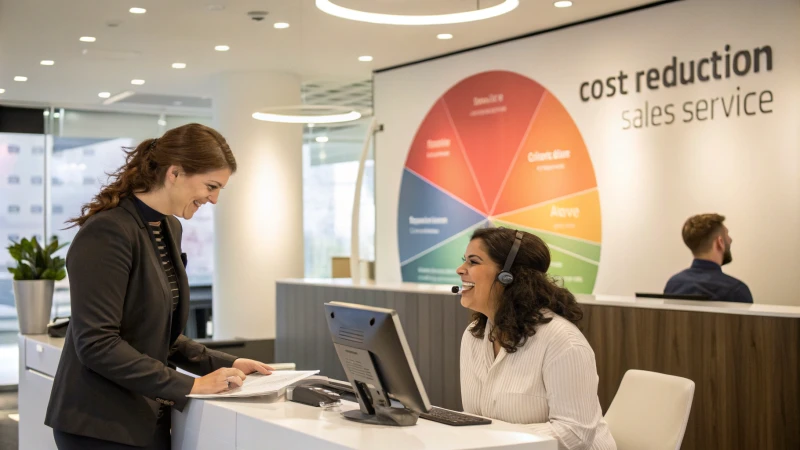 A customer service representative assisting a satisfied customer in a modern office environment