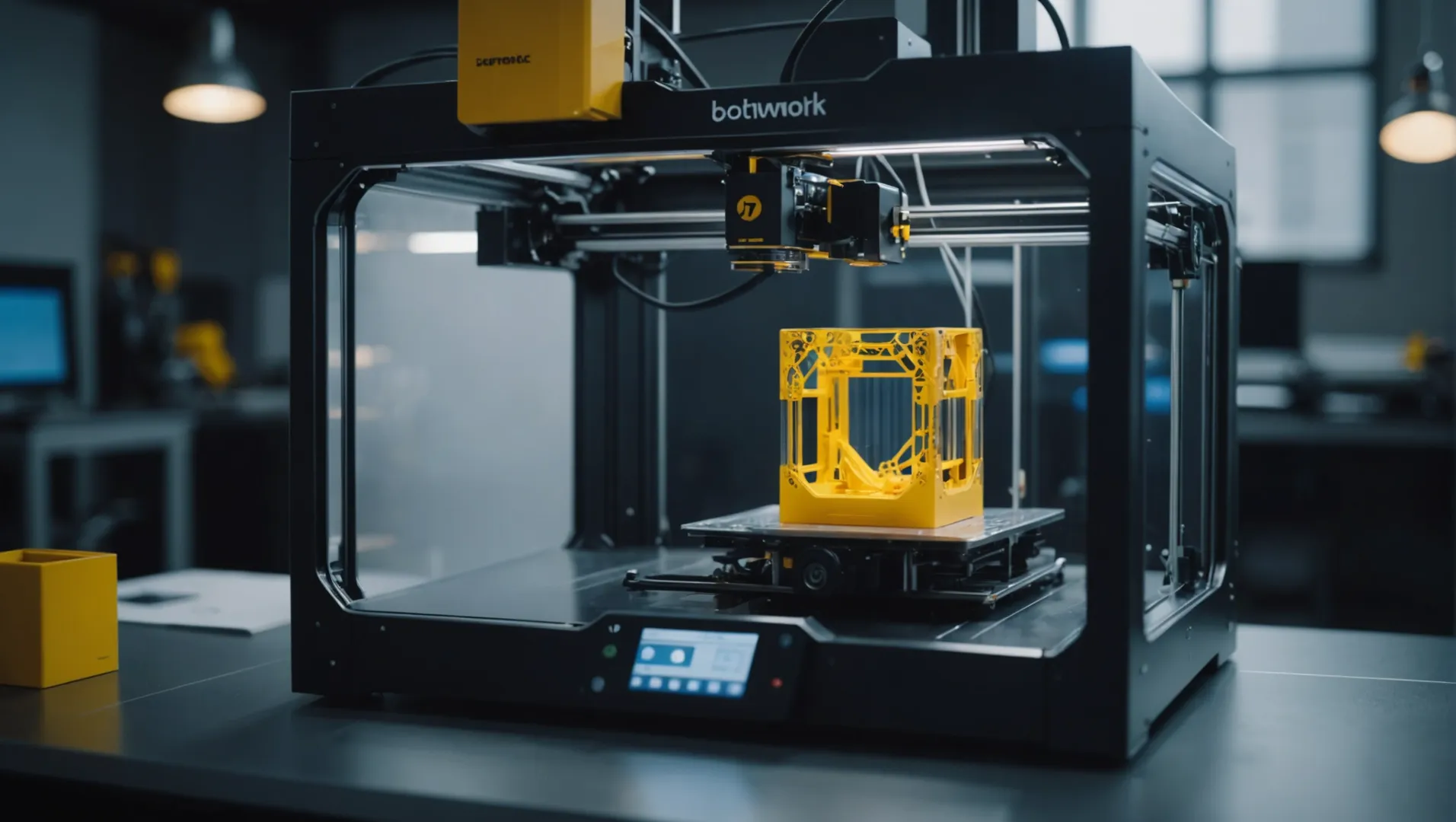 A detailed 3D printer working on a complex mechanical part with digital interfaces displaying data.