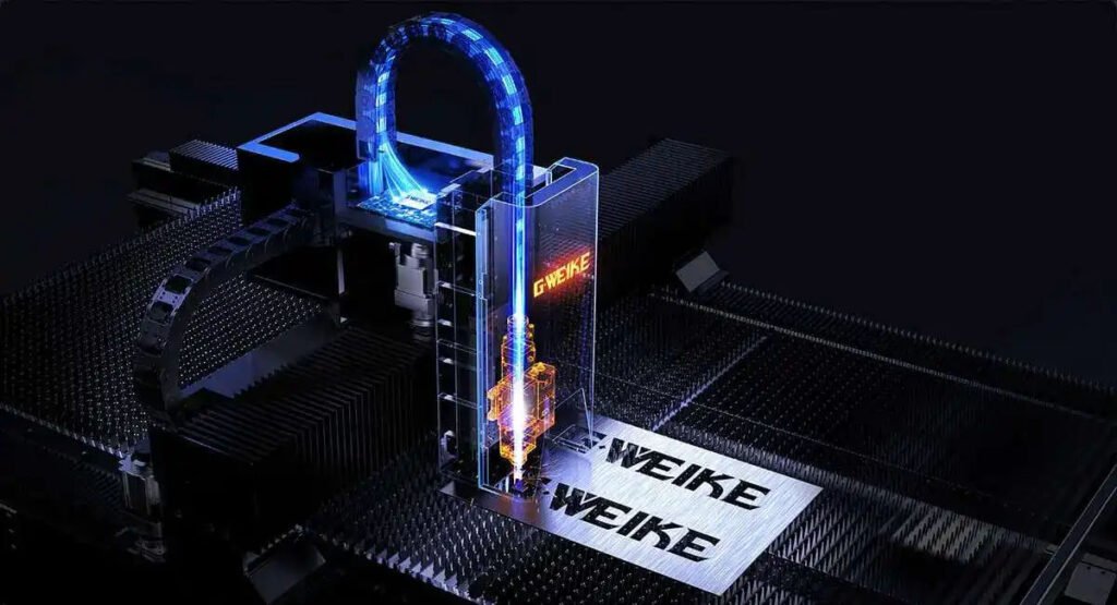 A Gweike laser cutter in action, demonstrating precision cutting with a glowing blue laser beam and the "GWEIKE" logo engraved on metal