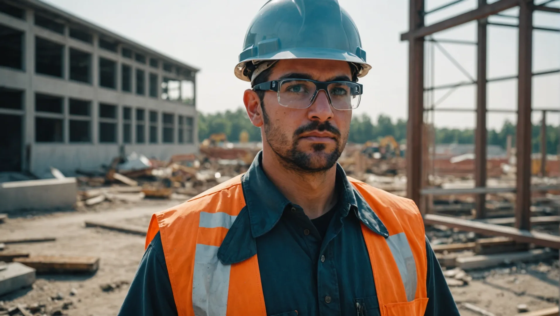 A close-up view of a worker wearing safety glasses with visible side shields, focusing on protection from flying debris.