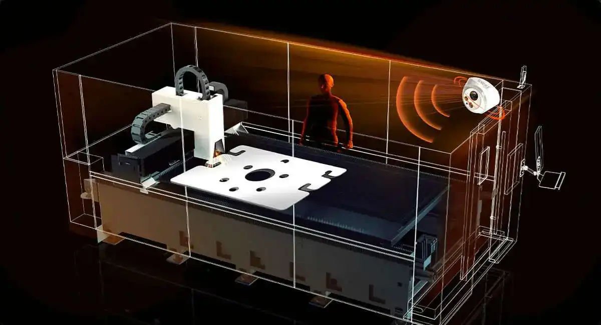 A schematic illustration of a Gweike laser cutter showing its internal components and safety systems