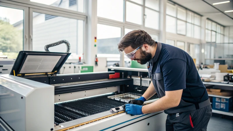 Technician working on a laser cutter in a bright workshop