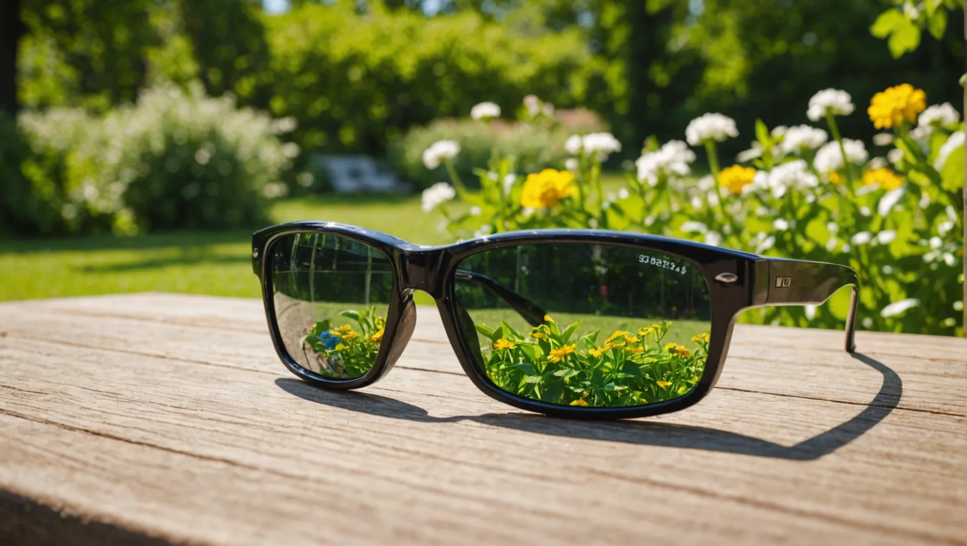 UV protection glasses placed on a sunny outdoor setting.