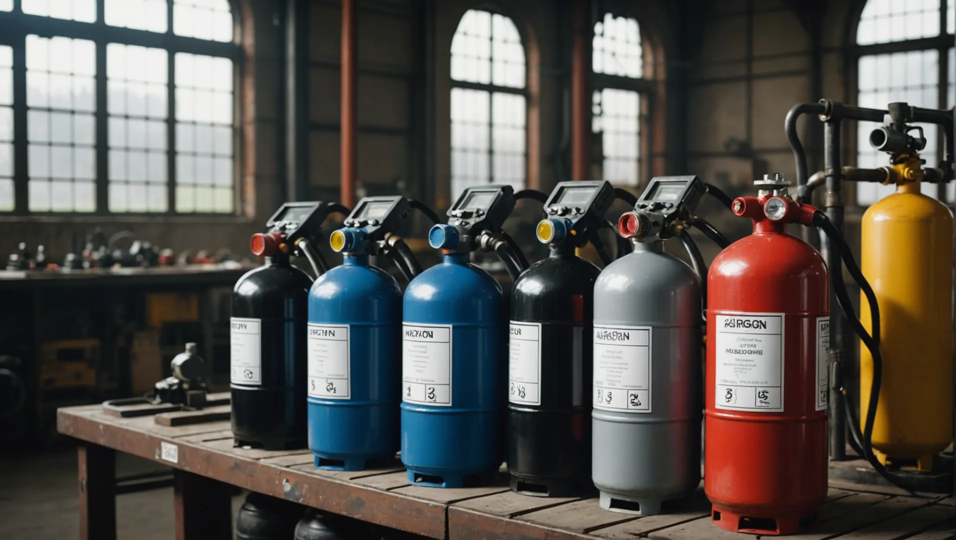 Welding gas cylinders with price tags in an industrial setting