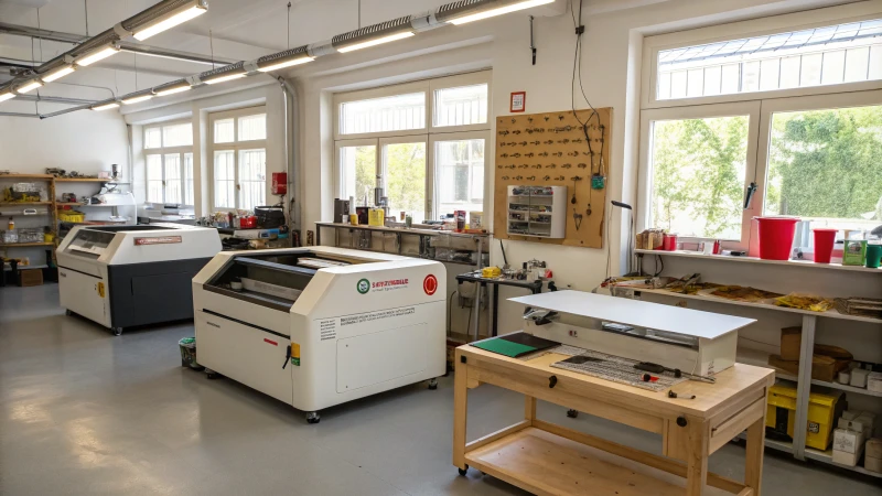 A bright and organized workshop with modern laser cutters and tools.