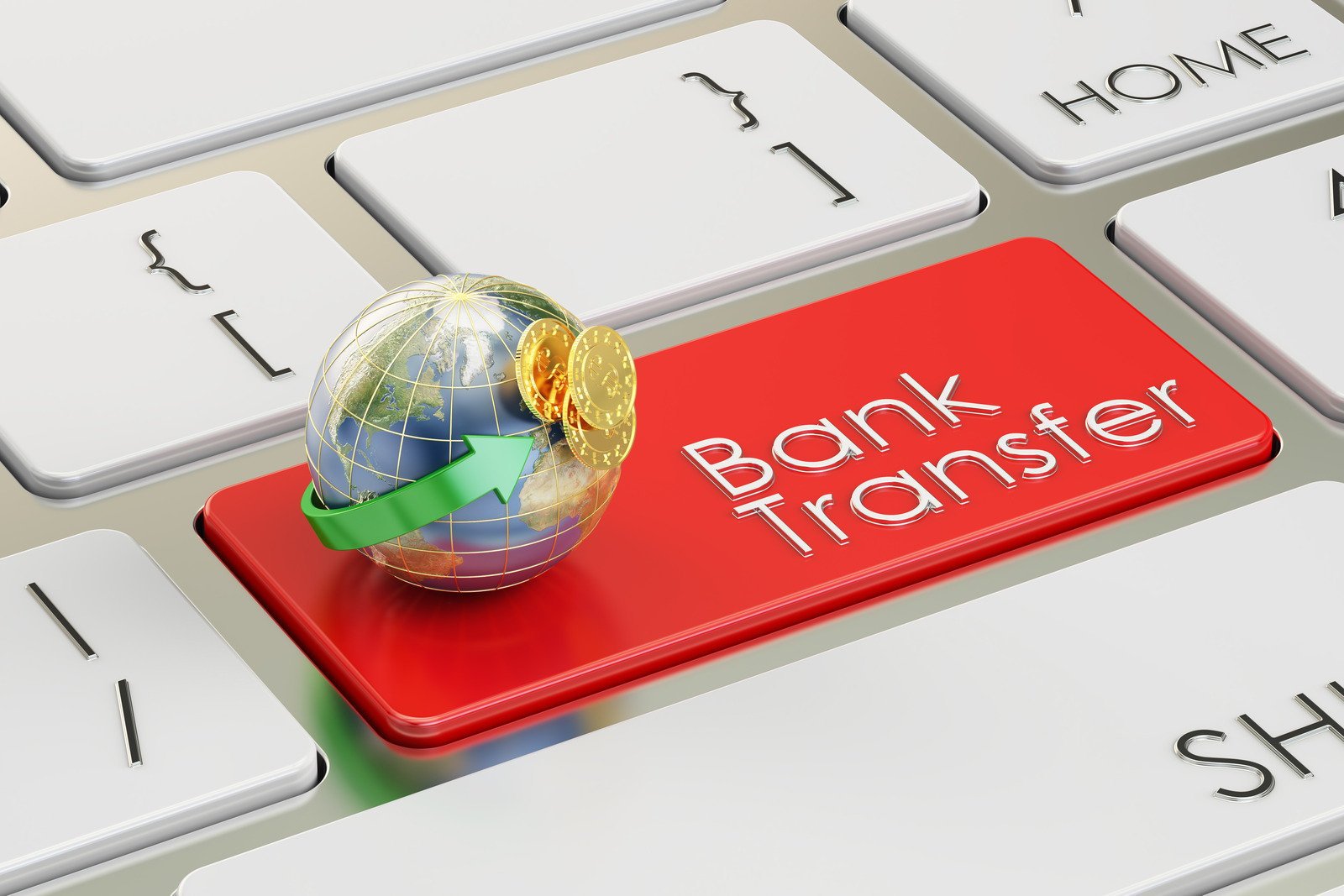 A 3D illustration of a keyboard with a red "Bank Transfer" key, featuring a globe with golden coins and a green arrow symbolizing global money transactions