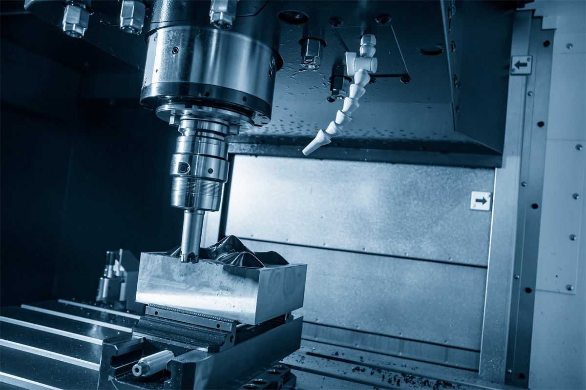 A CNC milling machine in a professional workshop, focusing on a tool compensating for precise machining on a metal block