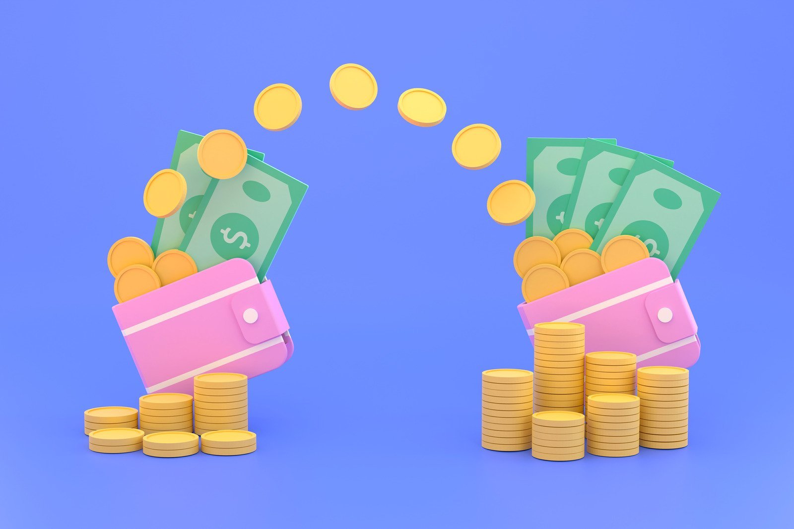A 3D illustration of two pink wallets exchanging coins and cash notes, symbolizing financial transactions or payments