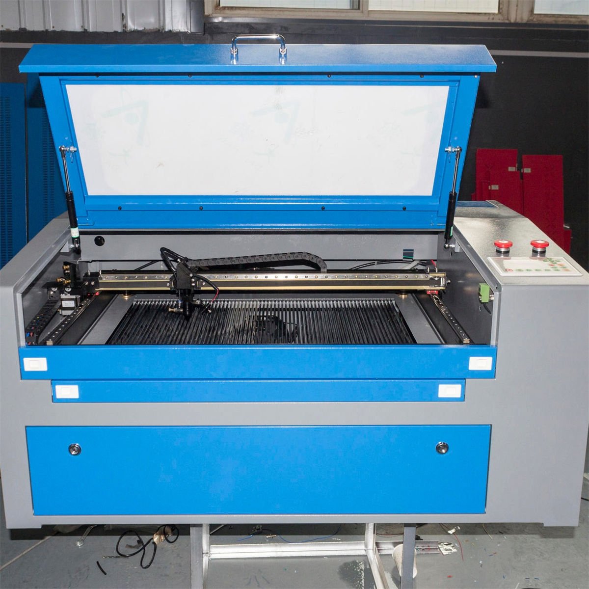 Open 80W CO2 laser cutting and engraving machine with blue casing and control panel