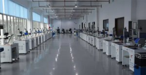 Modern laser marking machine factory floor with rows of machines